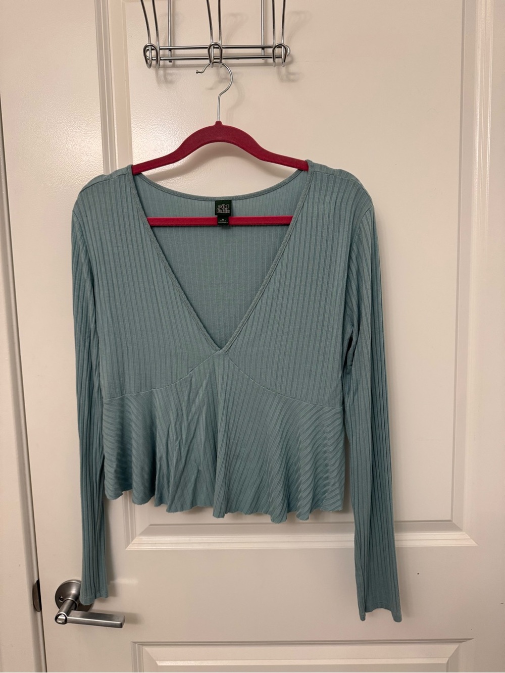 wild fable Sage Green Ribbed V-Neck Peplum Crop Top